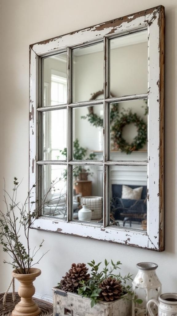 A rustic window frame mirror with a weathered white finish, reflecting a cozy interior with plants and decor.
