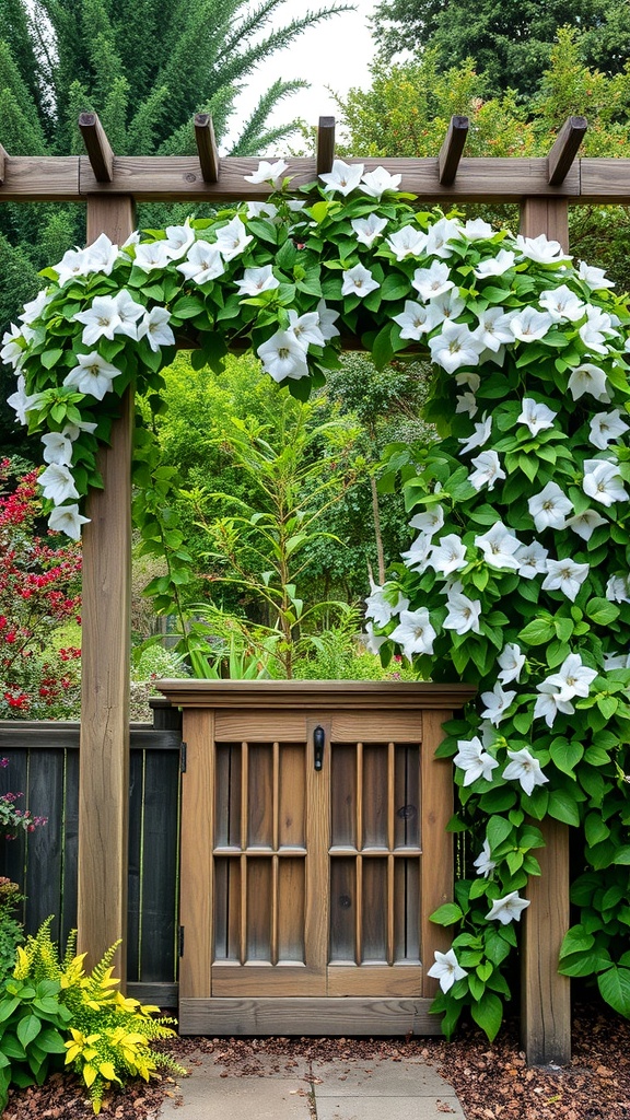Rustic wooden trellis covered with white clematis flowers and a wooden gate.