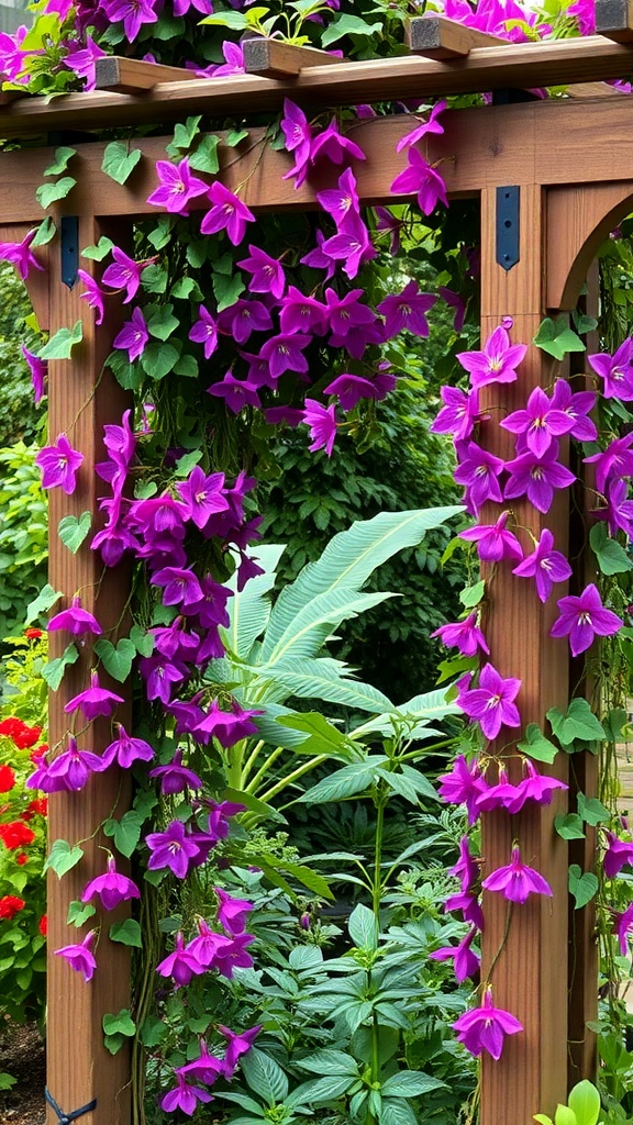 Rustic wooden trellis covered with purple clematis flowers in a lush garden.