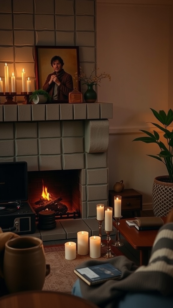A cozy living room with candles, a fireplace, and a warm atmosphere.