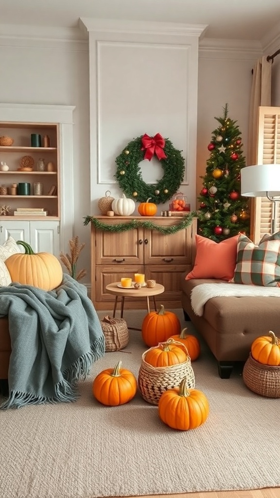 Cozy living room decorated for the season with pumpkins, a wreath, and warm blankets.