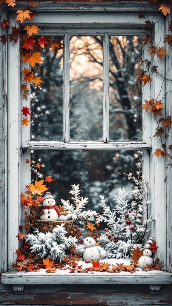 A vintage window decorated with autumn leaves and snowmen, showcasing a seasonal display.