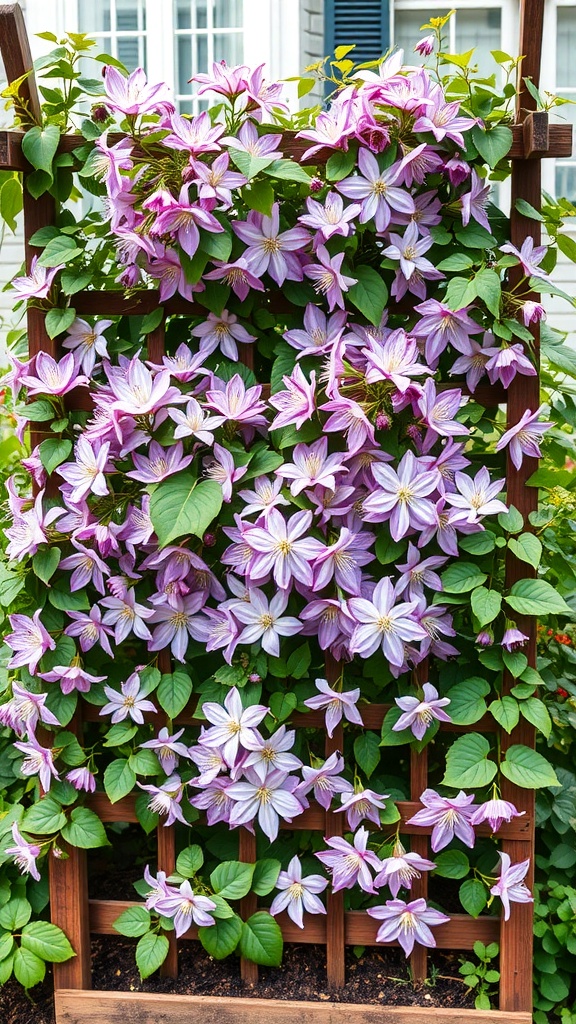 A beautiful tiered trellis covered in blooming clematis flowers.