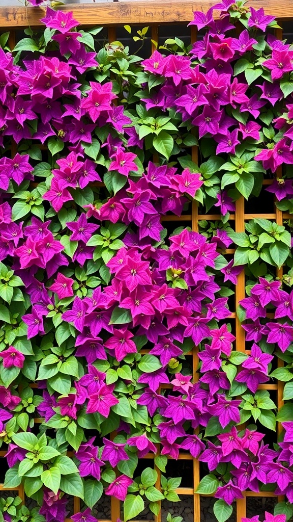 A vibrant trellis wall covered with blooming clematis flowers in shades of purple.