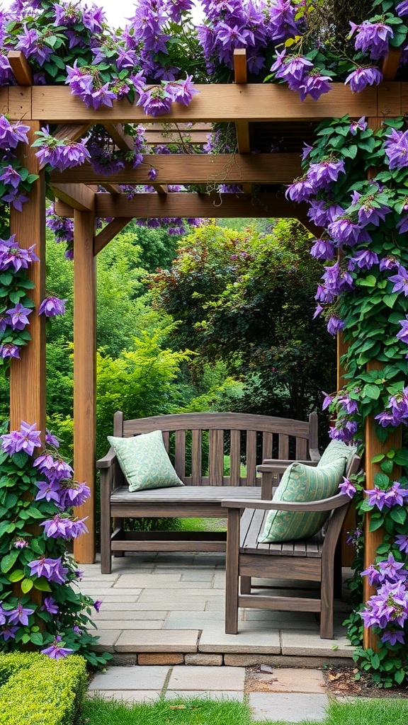 A wooden trellis with integrated seating surrounded by blooming clematis flowers.