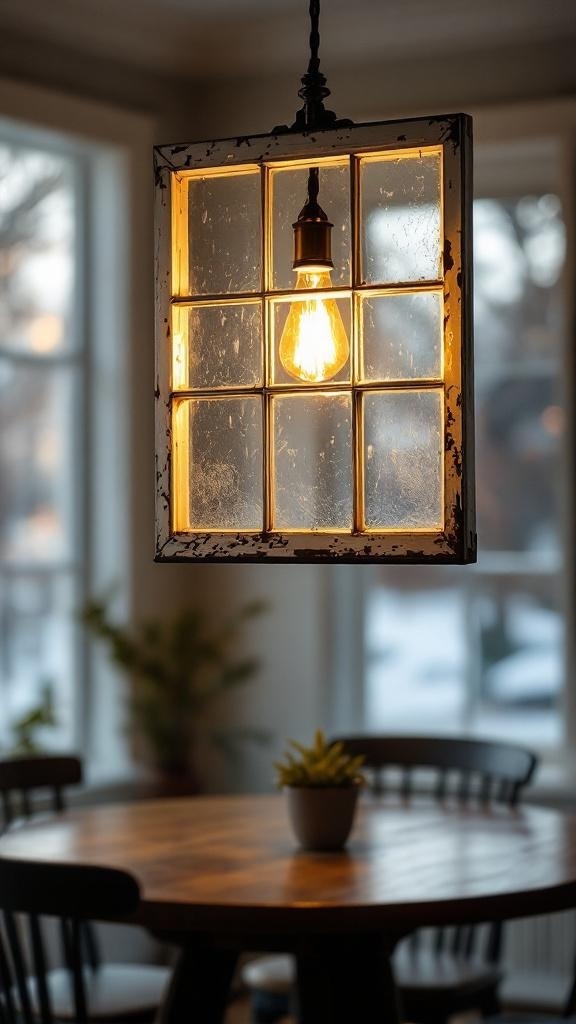 A vintage window frame converted into a light fixture with a warm bulb hanging inside.