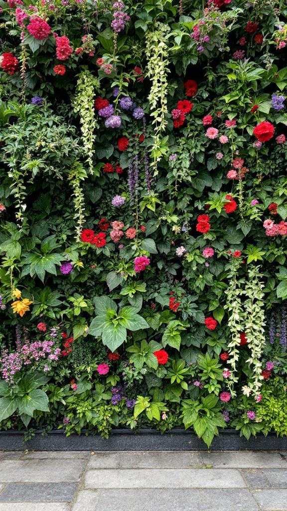 A vibrant vertical garden wall filled with colorful flowers and lush greenery.