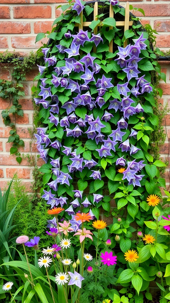 Vertical garden wall with blooming purple clematis flowers climbing on a wooden trellis against a brick wall.