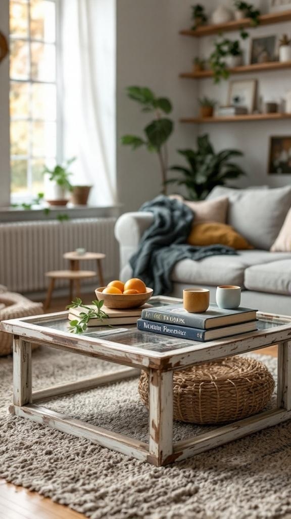 A vintage window coffee table with books and decorative items on top.