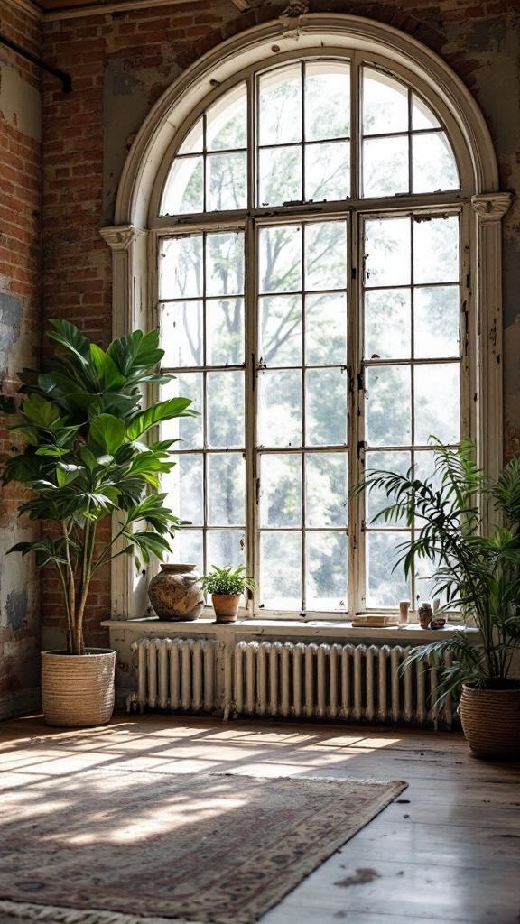A vintage window serving as a room divider in a cozy interior space.