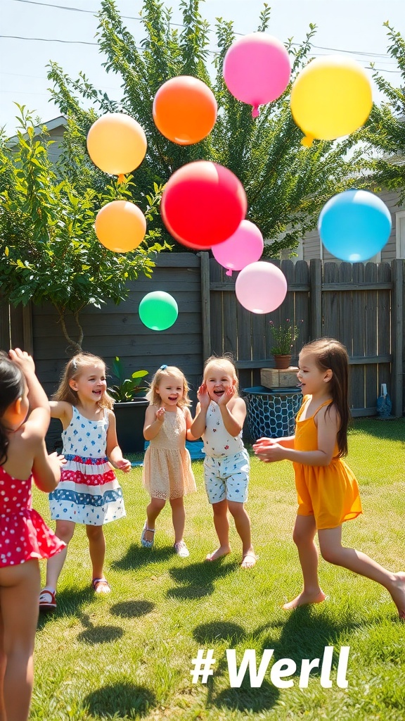 Children playing water balloon toss in a backyard, surrounded by colorful balloons.