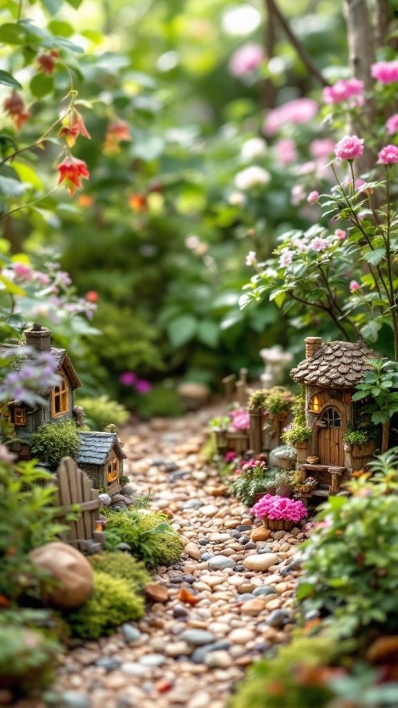 A whimsical fairy garden with miniature houses, colorful flowers, and a pebble pathway.