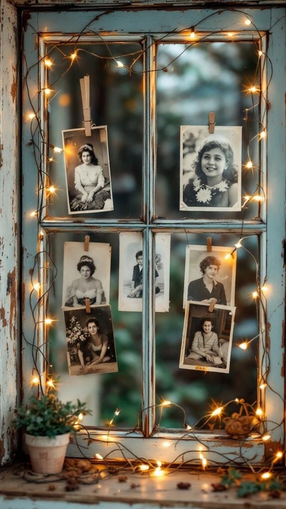 A vintage window frame displaying a collage of black-and-white photos, adorned with fairy lights.