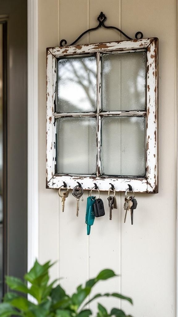 A vintage window frame repurposed as a key holder, with keys hanging from hooks.