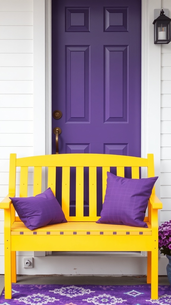 A yellow bench with purple pillows in front of a purple door.