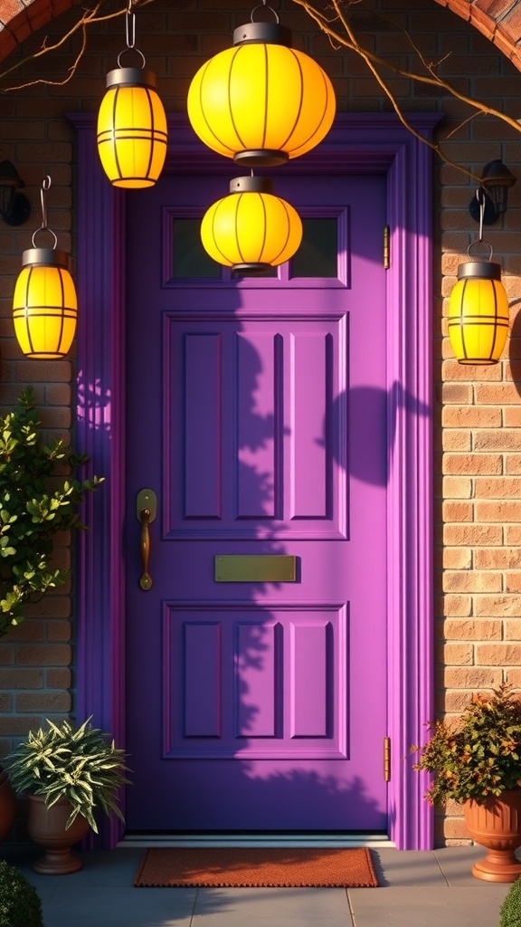 A vibrant purple front door adorned with yellow lanterns, surrounded by greenery.