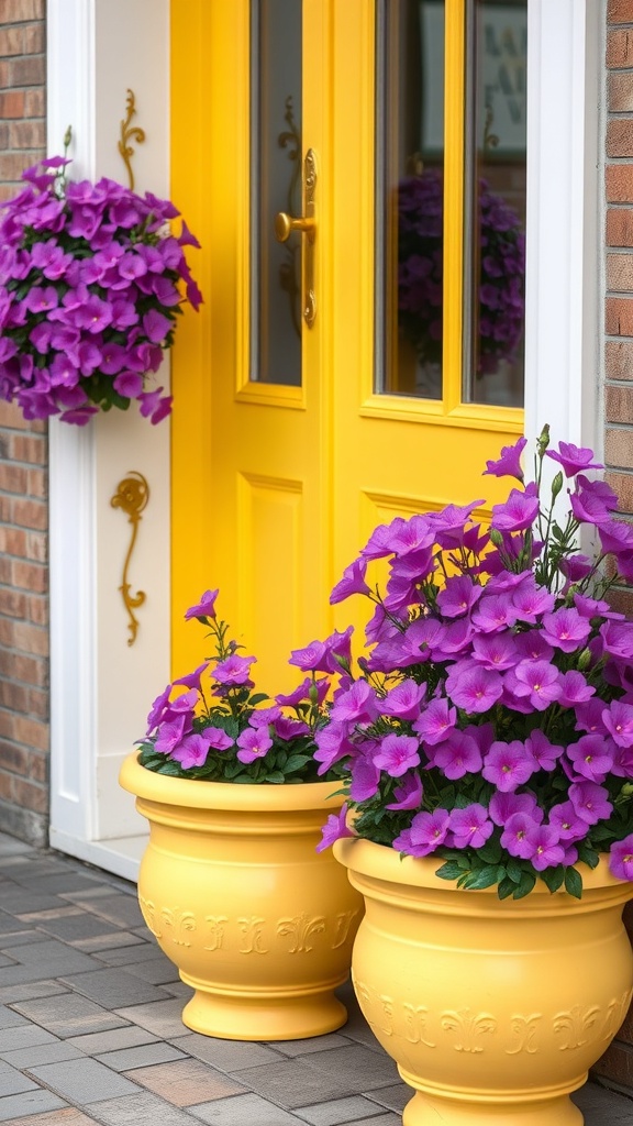 Yellow planters with purple flowers beside a bright yellow front door.